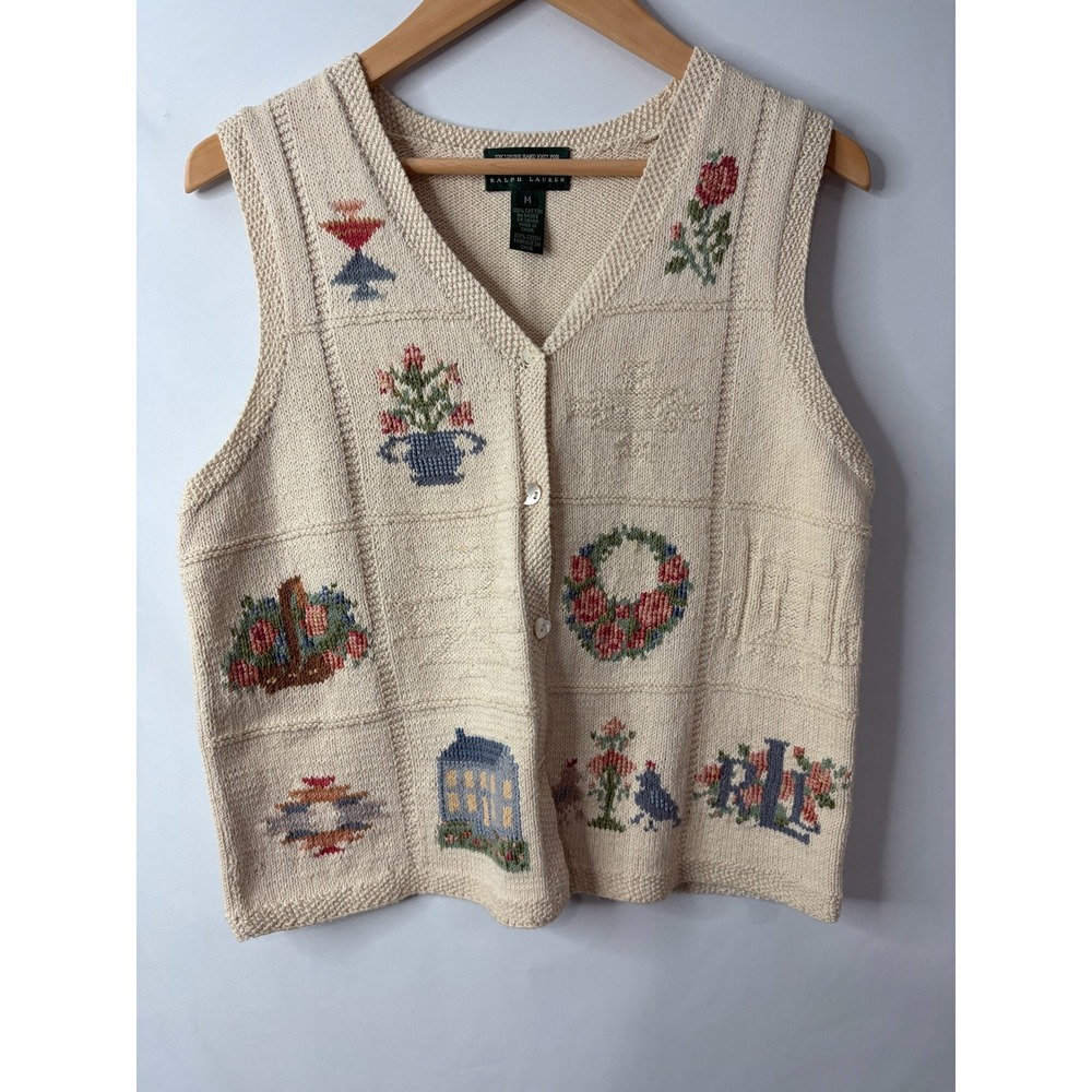 Vintage LRL Ralph Lauren Hand Knit Cotton Sweater Vest Sz M Cream Floral Cottage